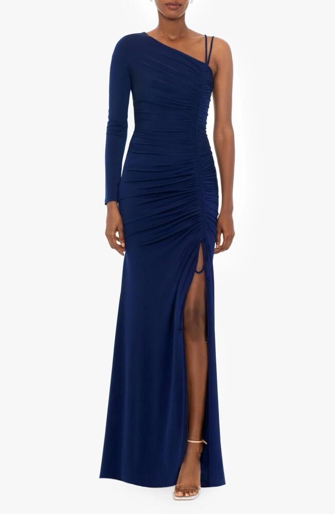 Xscape Evenings One-Shoulder Long Sleeve Cinched Gown in Navy Cover