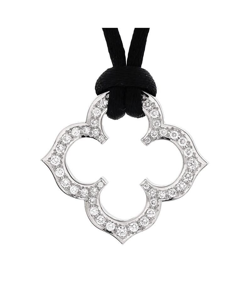 Pre-Owned Cartier Quatrefoil Pendant Necklace 18K White Gold with Diamonds and Satin Cover