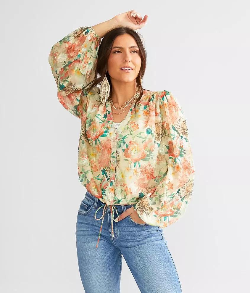 A. Peach Floral Chiffon Blouse Cover