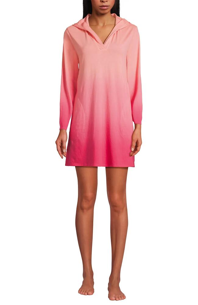 Lands' End Cotton Jersey Long Sleeve Hooded Swim Cover-up Dress in Coral Rose Ombre Cover