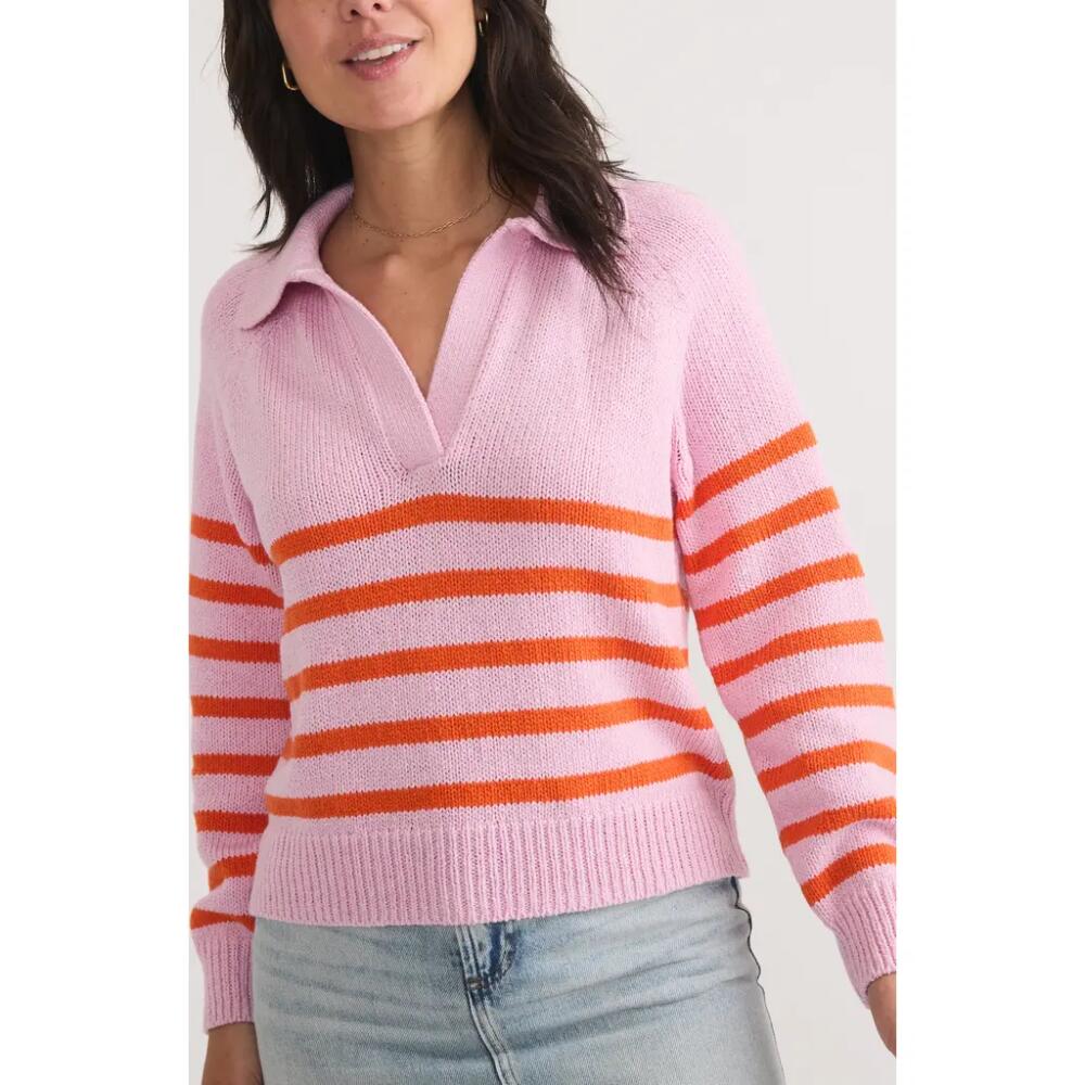 Marine Layer Claire Stripe Wool & Cotton Polo Sweater in Pink/Orange Stripe Cover