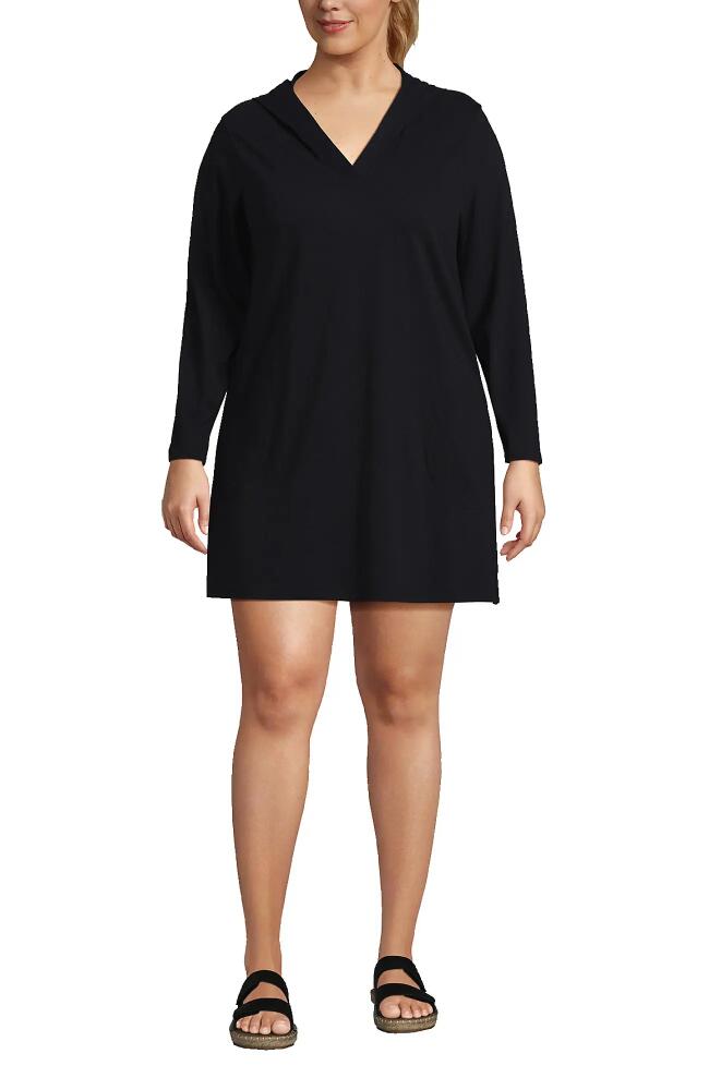 Lands' End Plus Size Cotton Jersey Long Sleeve Hooded Swim Cover-up Dress in Black Cover