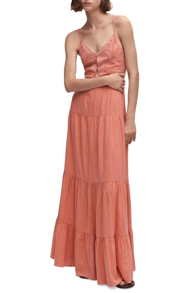 MANGO Embroidered Maxi Dress in Coral Red Cover