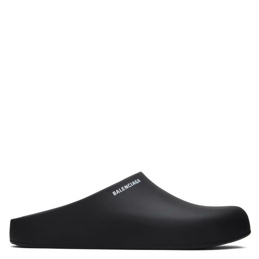 Balenciaga Black Rubber Pool Logo Mule Slides Cover