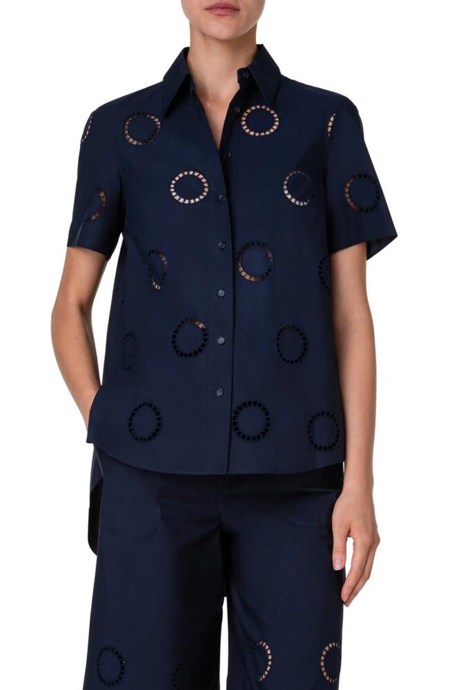 Akris punto Embroidered Eyelet Cotton Button-Up Shirt in Navy Cover