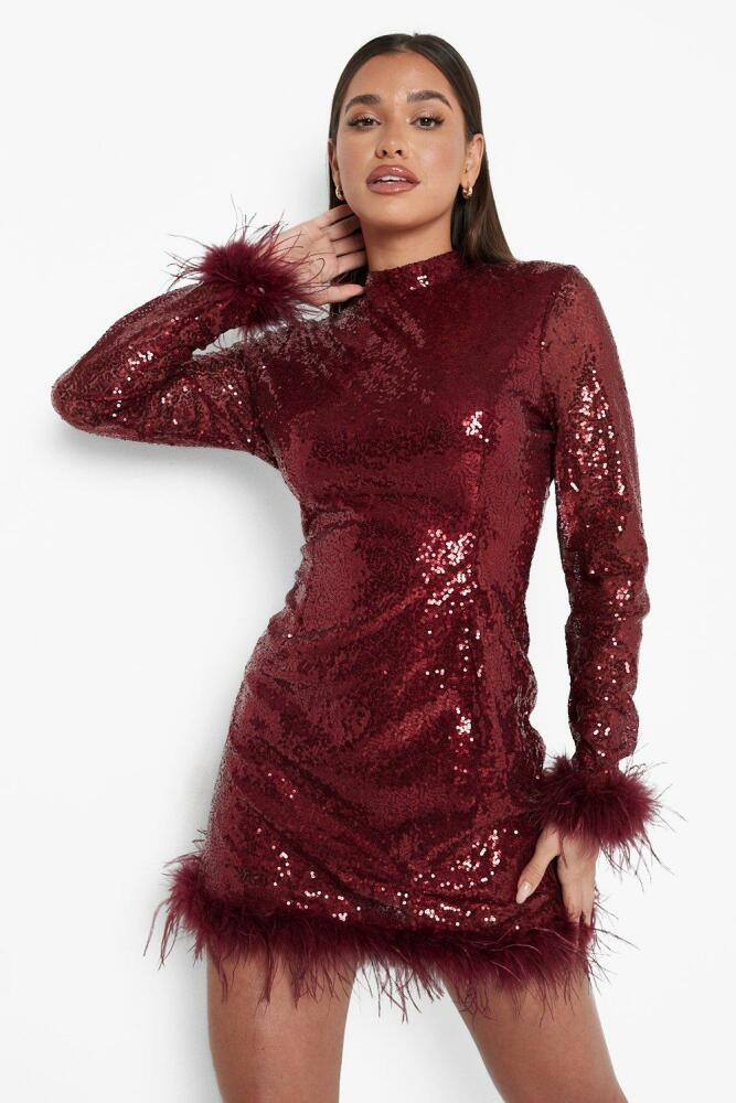 boohoo Womens Sequin High Neck Feather Hem Mini Party Dress - Red Cover