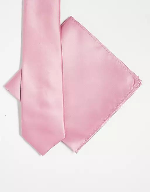 ASOS DESIGN satin slim tie and pocket square in Pink Cover