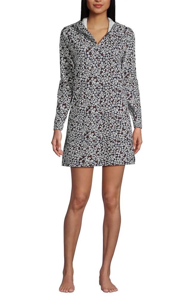 Lands' End Cotton Jersey Long Sleeve Hooded Swim Cover-up Dress in Deep Sea Navy Ditsy Floral Cover