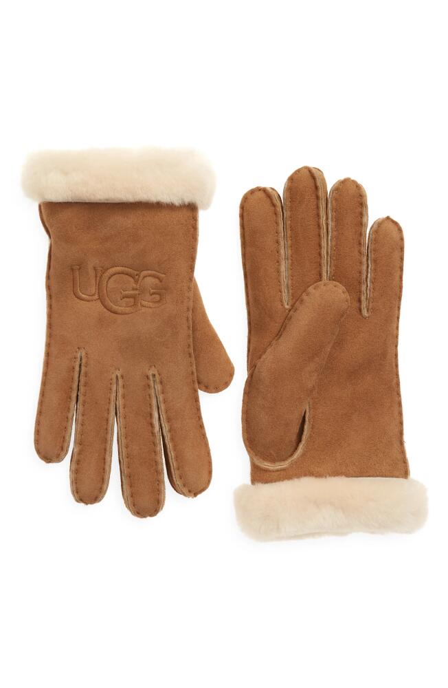 UGG(r) Logo Embroidered Suede & Genuine Shearling Gloves in Chestnut Cover