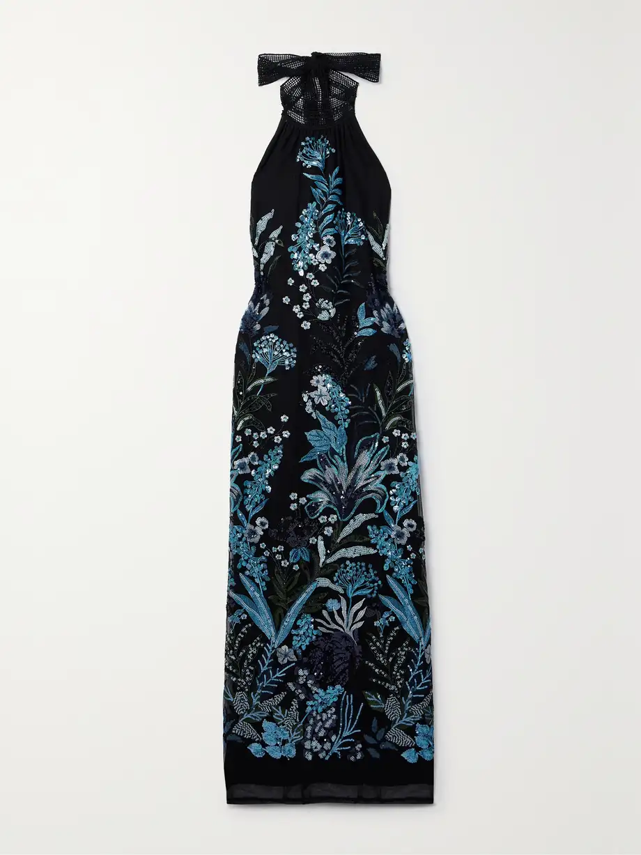 Miguelina - Stella Crochet-trimmed Sequined Embroidered Tulle Halterneck Maxi Dress - Blue Cover