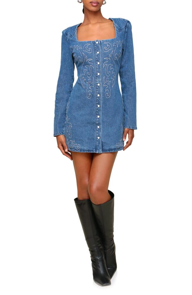 Avec Les Filles Western Embroidered Long Sleeve Denim Minidress in Provence Wash Cover