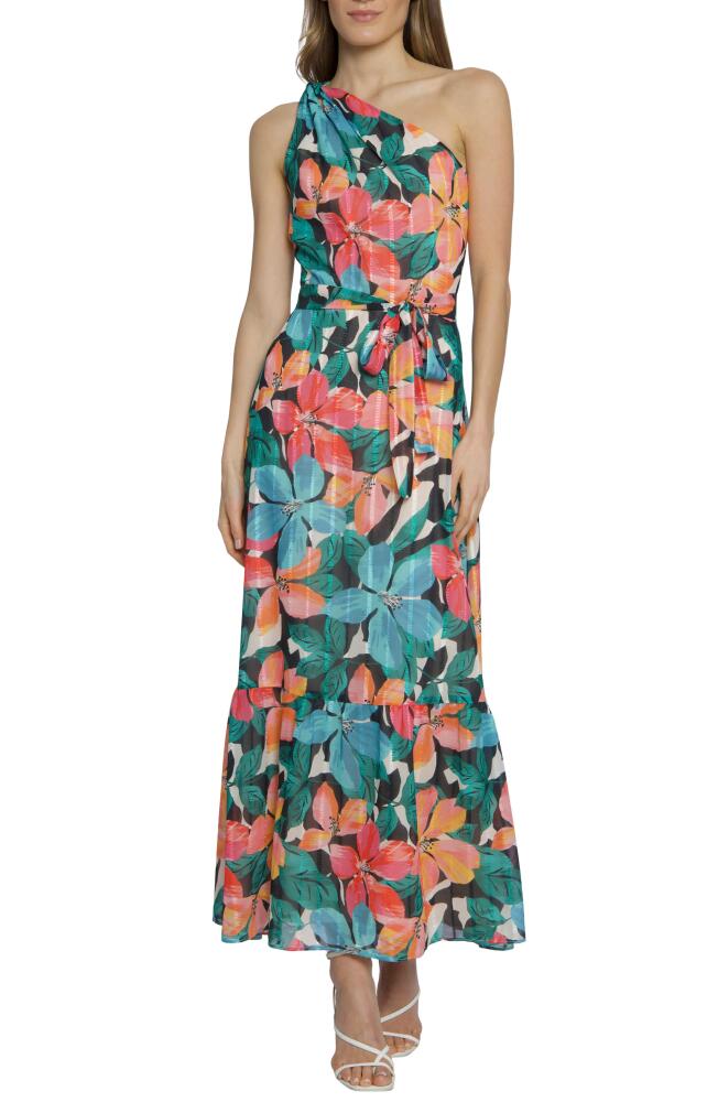 Maggy London Floral One-Shoulder Maxi Dress in Black/Cabana Blue Cover