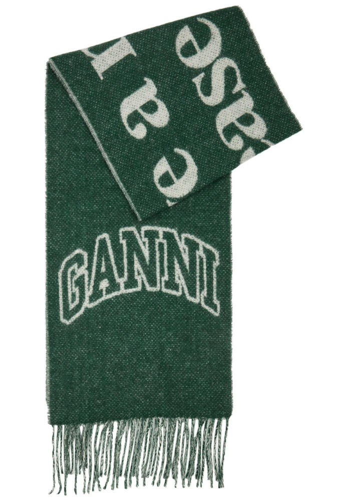 Ganni Logo-intarsia Fringed Wool Scarf - Dark Green Cover