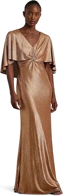 Lauren Ralph Lauren Metallic Knit Twist-Front Cape Gown (Rose Gold/Bronze Foil) Women's Dress Cover