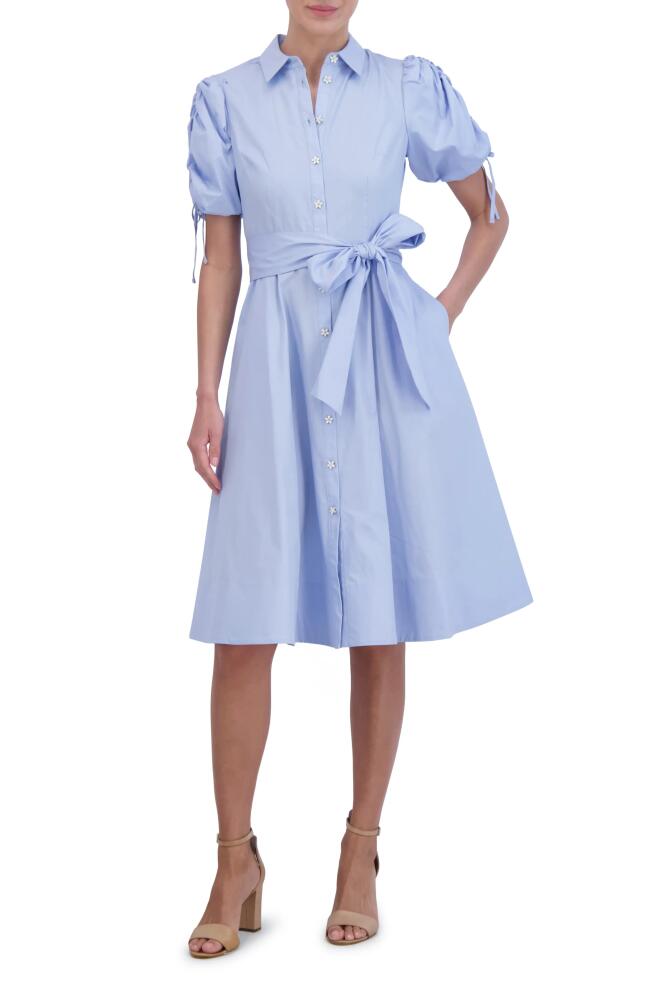 Eliza J Ruched Puff Sleeve Cotton Midi Shirtdress in Light Blue Cover