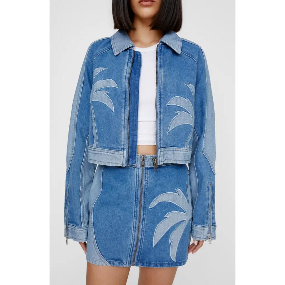 NASTY GAL Palm Cutwork Crop Denim Jacket in Authentic Midwash Cover