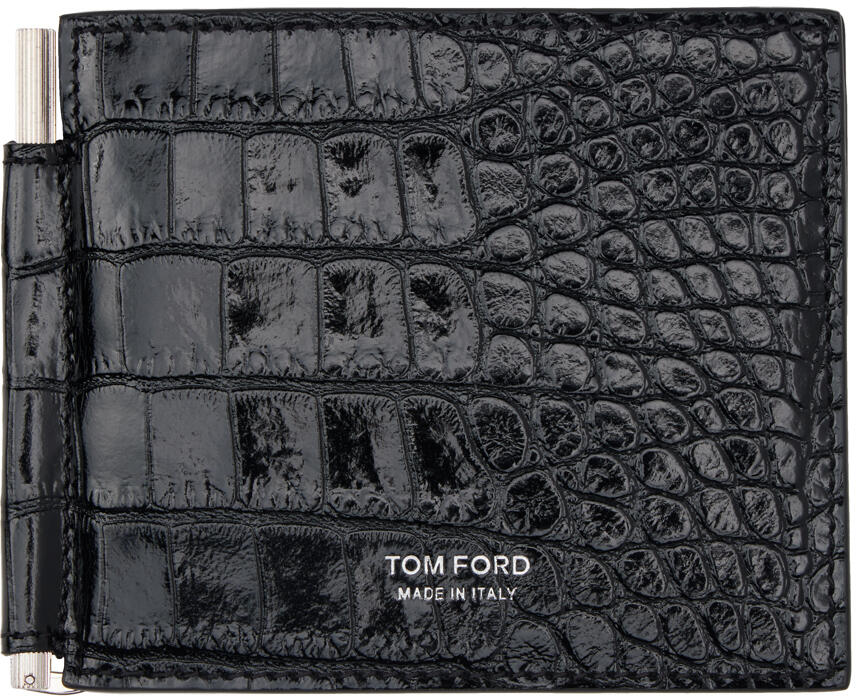 TOM FORD Black Shiny Printed Croc T Line Money Clip Wallet Cover