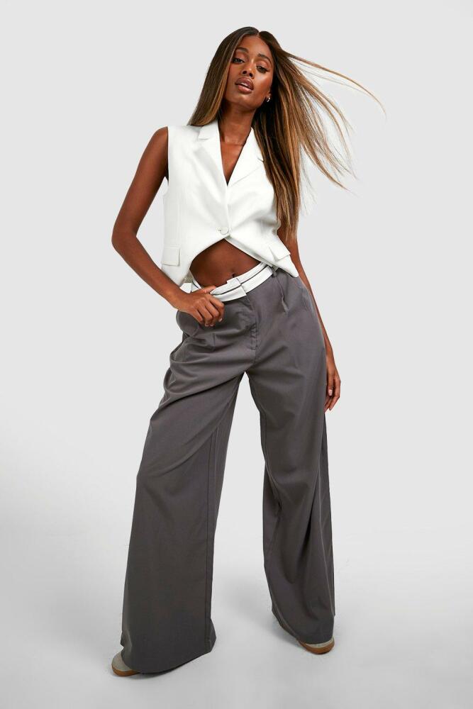 boohoo Womens Reverse Waistband Tailored Wide Leg Pants - Grey Cover