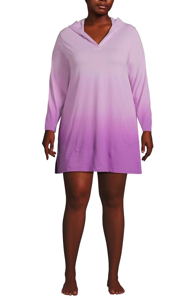 Lands' End Plus Size Cotton Jersey Long Sleeve Hooded Swim Cover-up Dress in Vivid Violet Ombre Cover