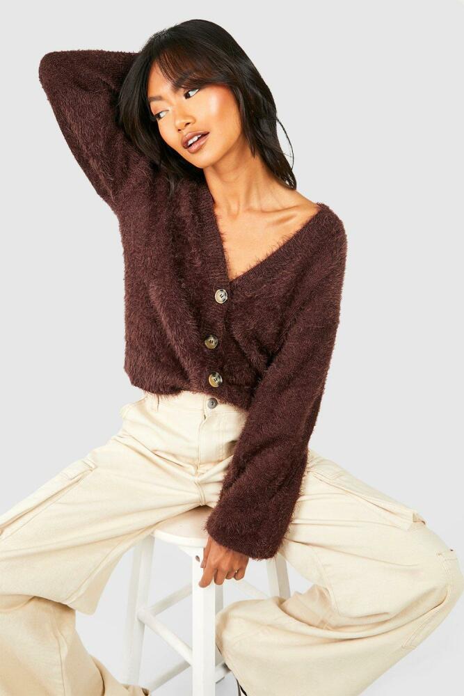 boohoo Womens Fluffy Knit Slouchy Crop Cardigan - Brown Cover