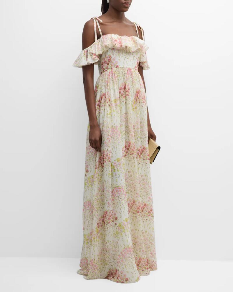 Giambattista Valli Floral-Print Ruffle Off-The-Shoulder Silk Georgette Gown Cover