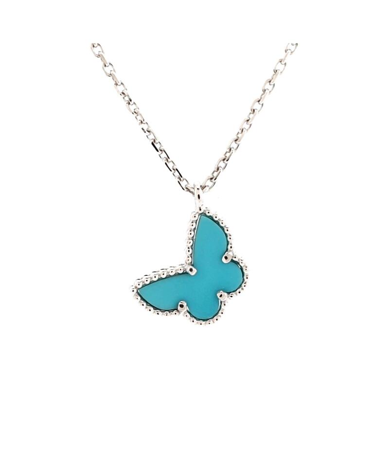 Pre-Owned Van Cleef & Arpels Sweet Alhambra Butterfly Pendant Necklace 18K White Gold with Turquoise Cover