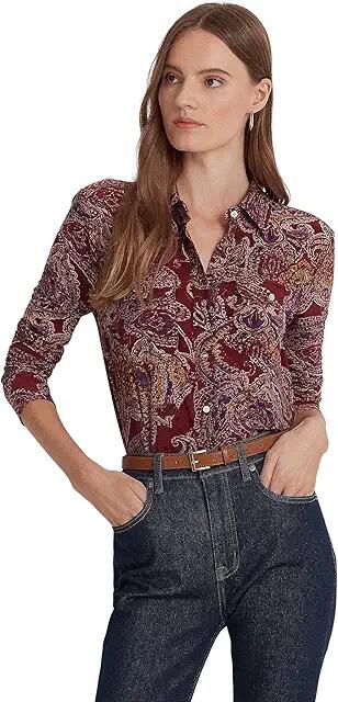 Lauren Ralph Lauren Corwin Long Sleeve Cardigan (Burgundy Multi) Women's Clothing Cover