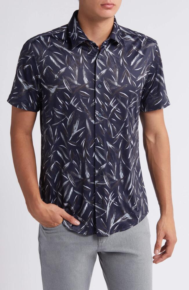 BOSS Roan Slim Fit Leaf Print Short Sleeve Stretch Button-Up Shirt in Dark Blue Cover