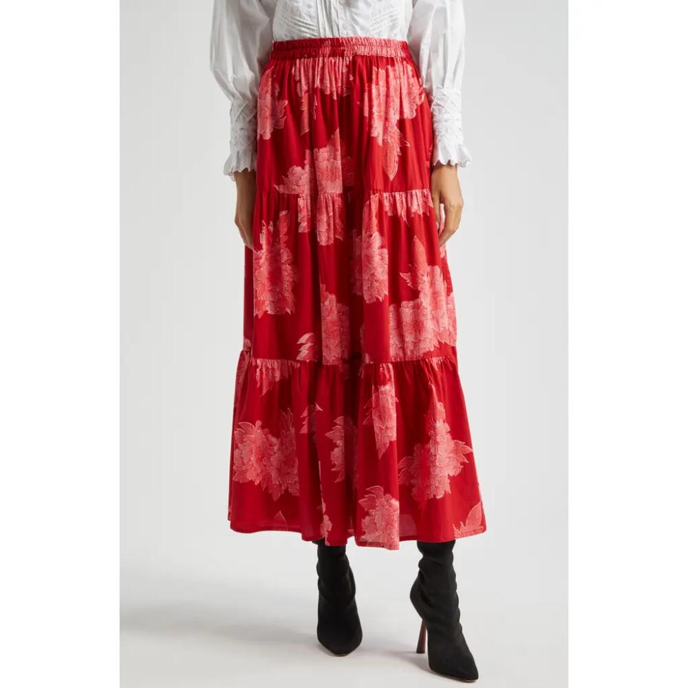 MILLE Paola Floral Print Tie Waist Maxi Skirt in Crimson Floral Cover