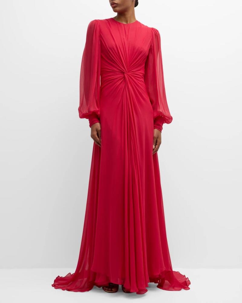 Monique Lhuillier Twisted Long-Sleeve Silk Gown Cover