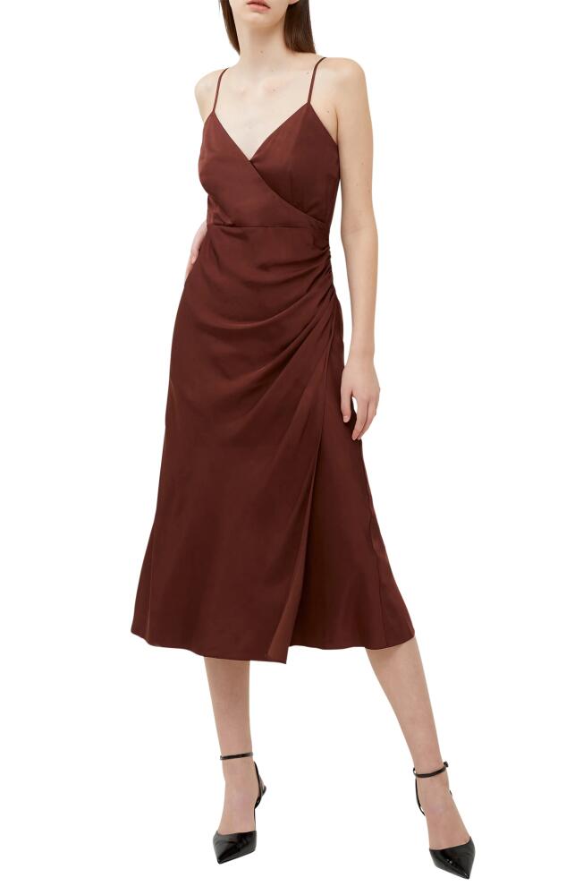 French Connection Ennis Ruched Satin Faux Wrap Midi Dress in Chocolate Fondant Cover