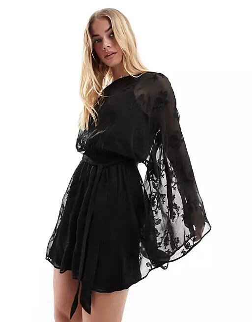 ASOS DESIGN embroidered chiffon mini dress with flared sleeves and self belt in black Cover