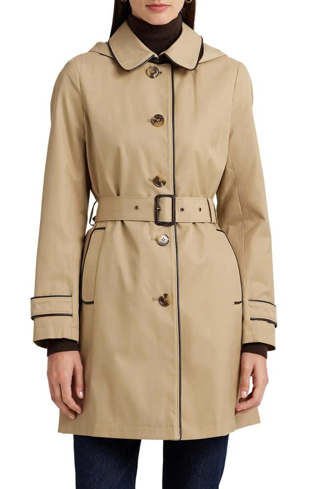 Lauren Ralph Lauren Hooded Belted Faux Leather Trim Trench Coat in Birch Tan Cover