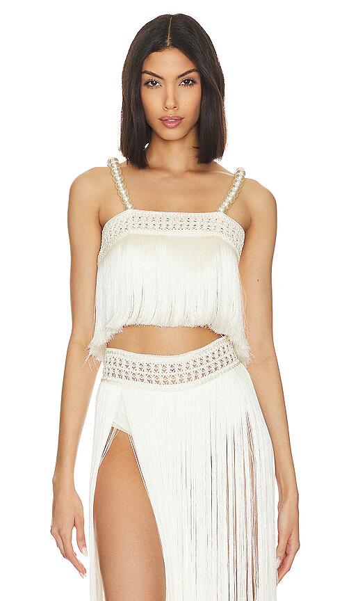 PatBO Pearl Beaded Fringe Crop Top in White Cover