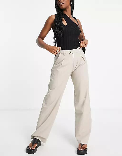 Bershka tailored straight leg linen pants in sand-Neutral Cover