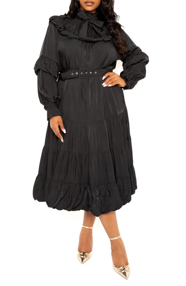 BUXOM COUTURE Belted Bubble Hem Long Sleeve Midi Dress in Black Cover