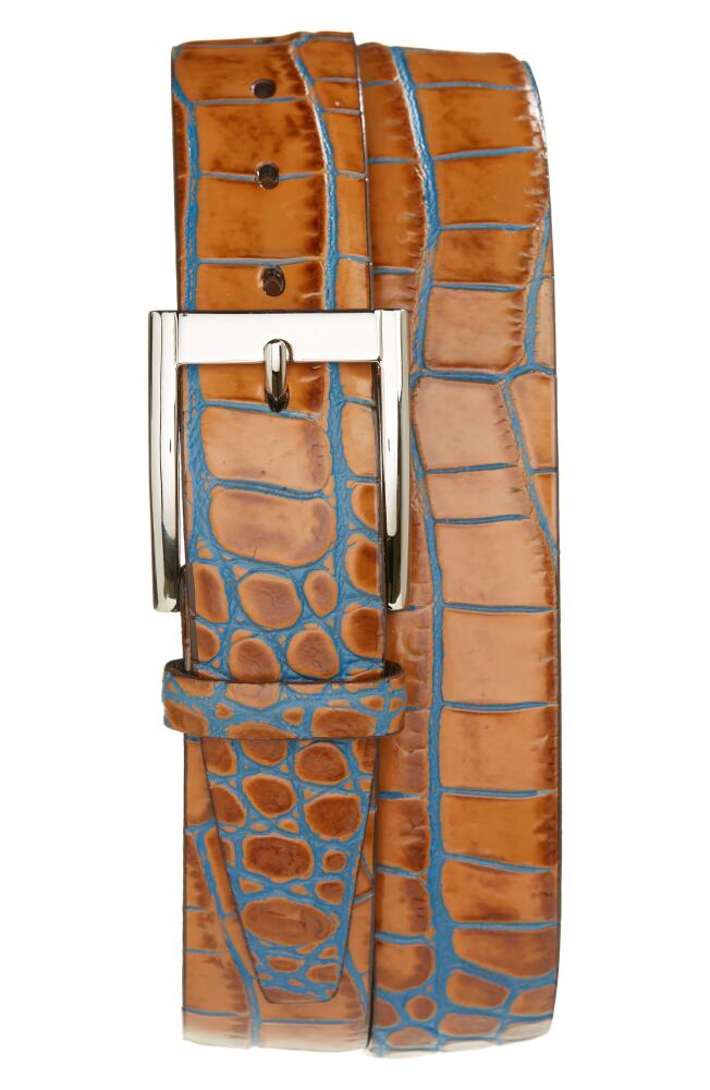 Torino Croc Embossed Leather Belt in Tan/Blue Cover