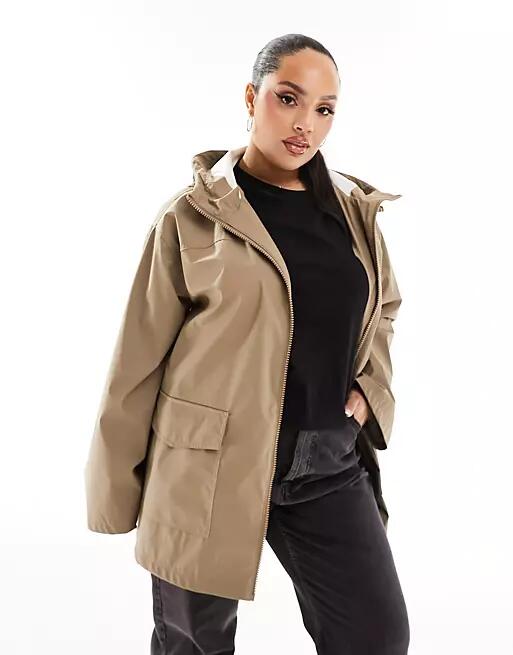 ASOS DESIGN Curve rubberized rain coat in mushroom-Brown Cover