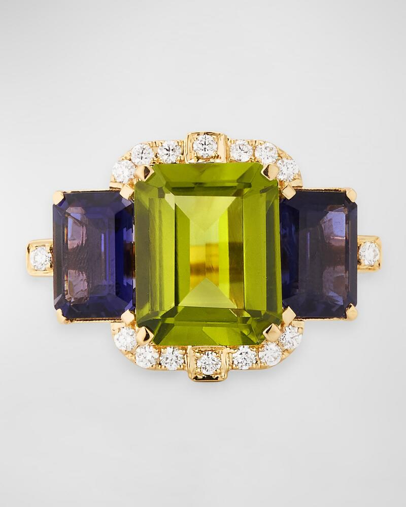 Goshwara 18K 3-Stone Peridot and Iolite Emerald Cut Statement Ring with Diamonds Cover