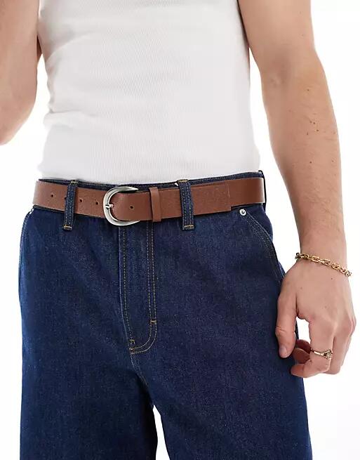 ASOS DESIGN washed leather brown belt with silver buckle Cover