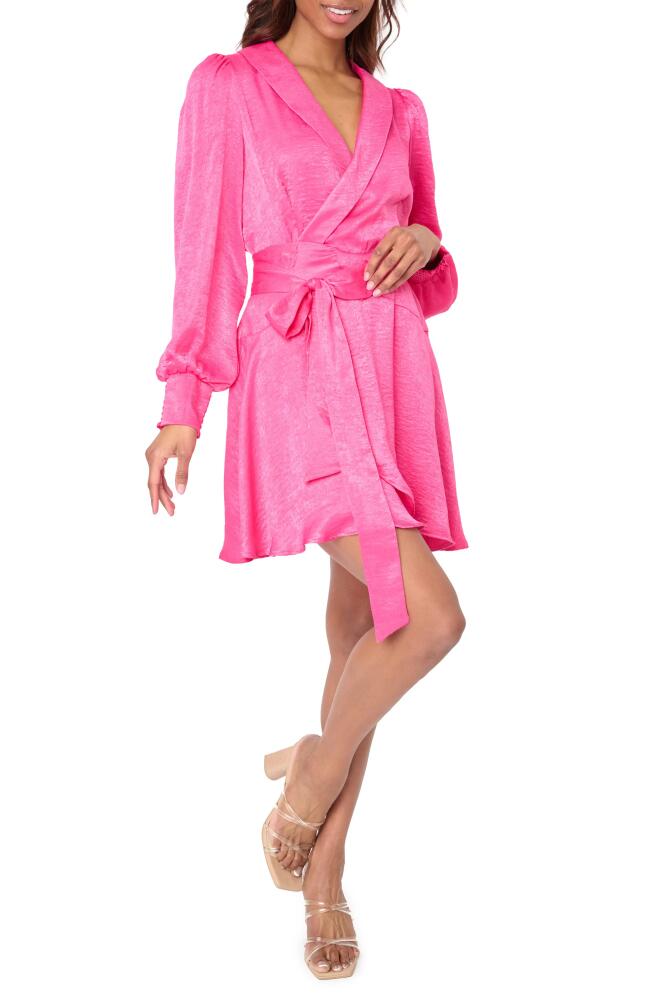 GIBSONLOOK Long Sleeve Satin Wrap Dress in Fuchsia Cover