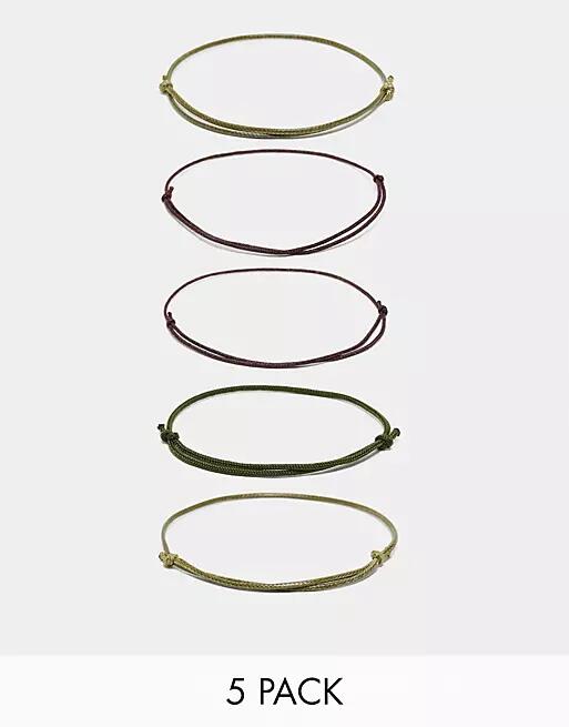 ASOS DESIGN 5 pack cord bracelet set in khaki and brown tones-Multi Cover