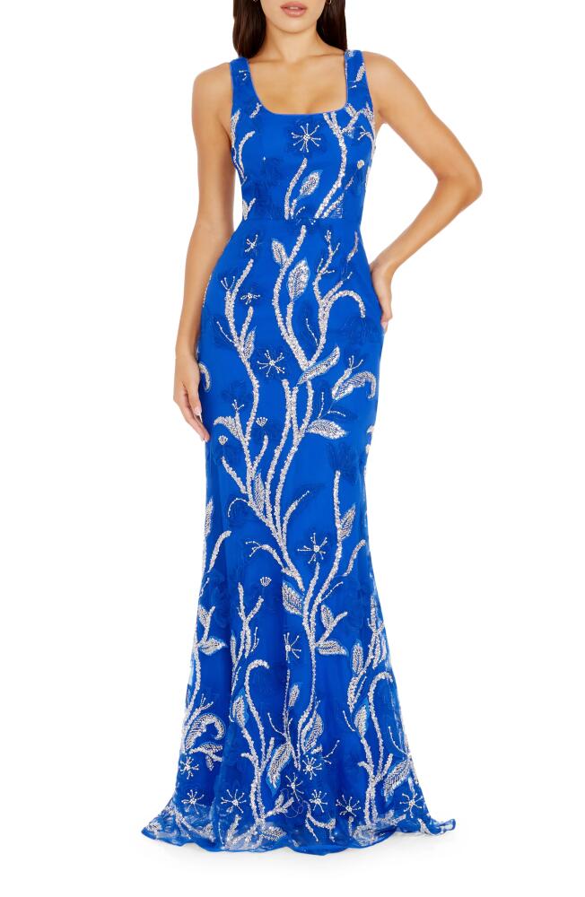 Dress the Population Tyra Beaded Floral Chiffon Mermaid Gown in Electric Blue Multi Cover