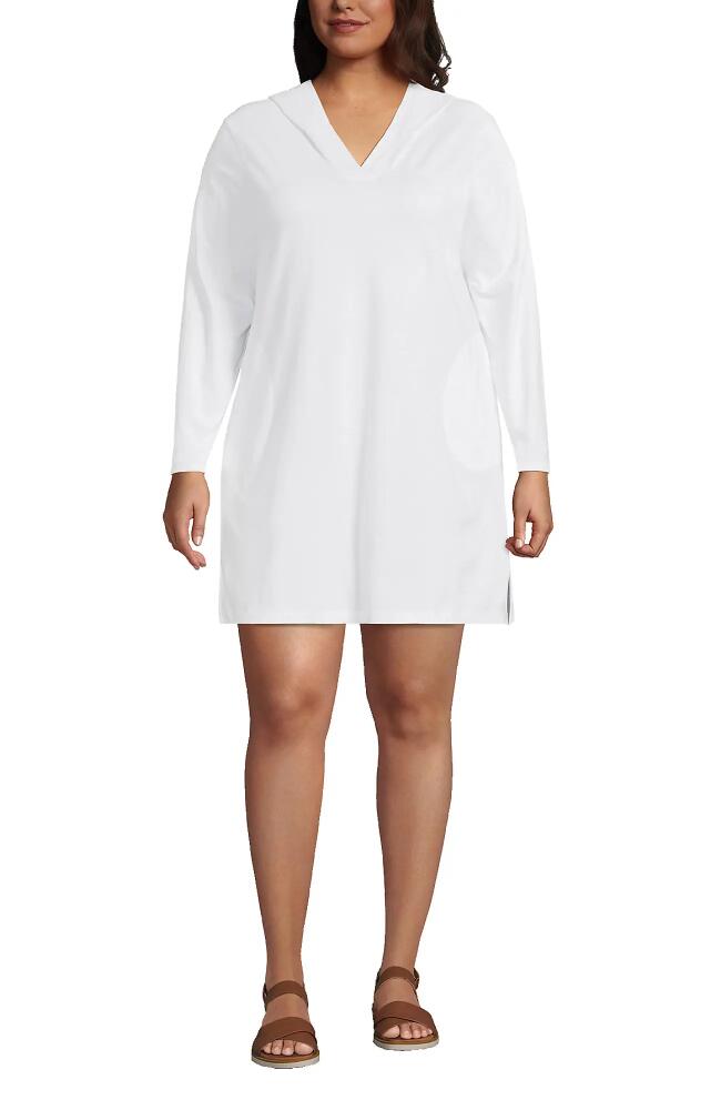 Lands' End Plus Size Cotton Jersey Long Sleeve Hooded Swim Cover-up Dress in White Cover