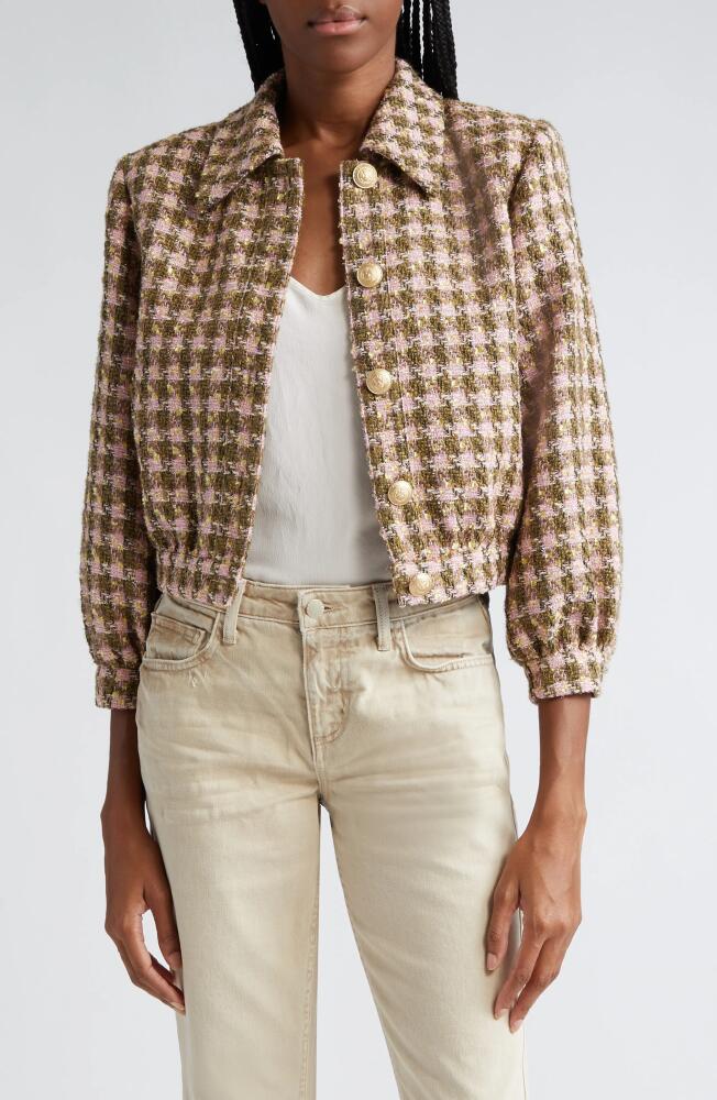 L'AGENCE Bridges Tweed Crop Jacket in Army/Light Pink Multi Cover