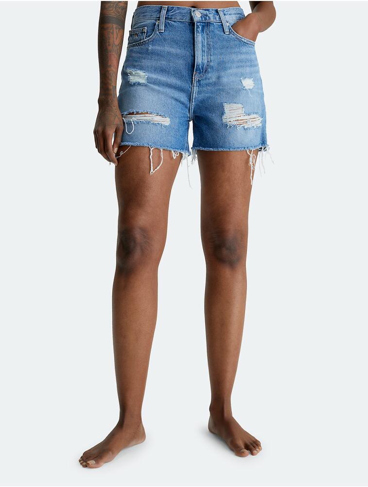 Calvin Klein Women's Distressed Denim Mom Shorts - Blue Cover