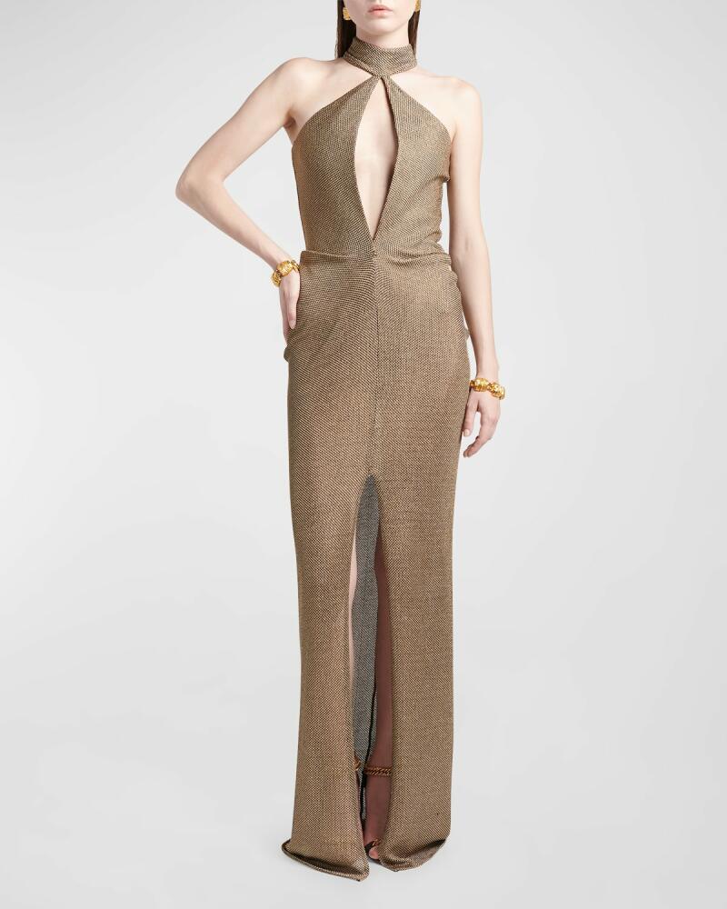 TOM FORD Cutout Mock-Neck Halter Metallic Honeycomb Evening Gown Cover