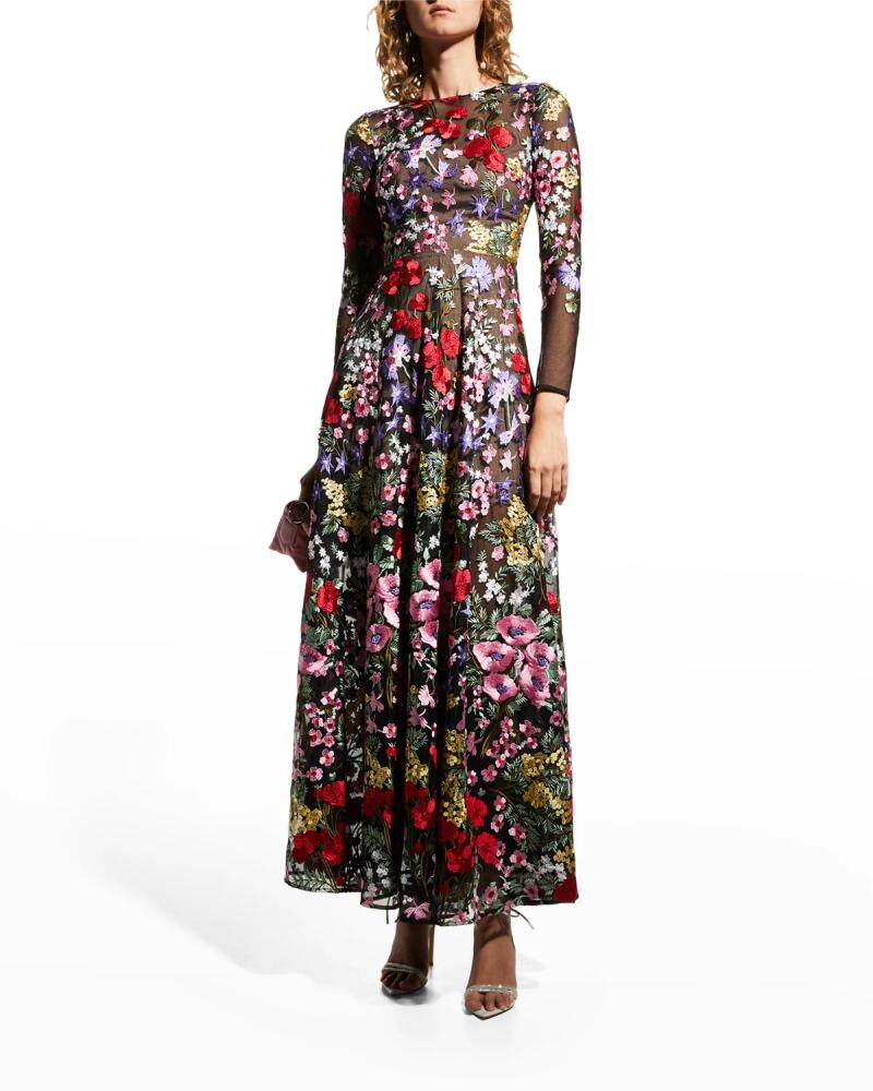 Dress the Population Black Label Ava Floral-Embroidered Bracelet-Sleeve Gown Cover