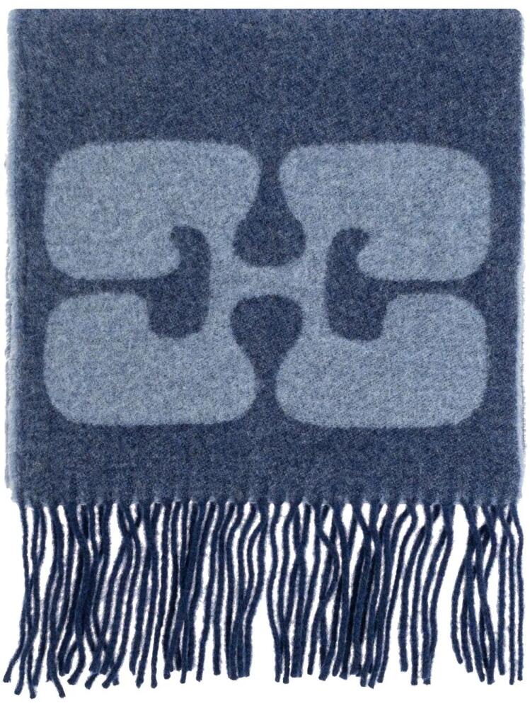 GANNI fringe-detailing wool scarf - Blue Cover