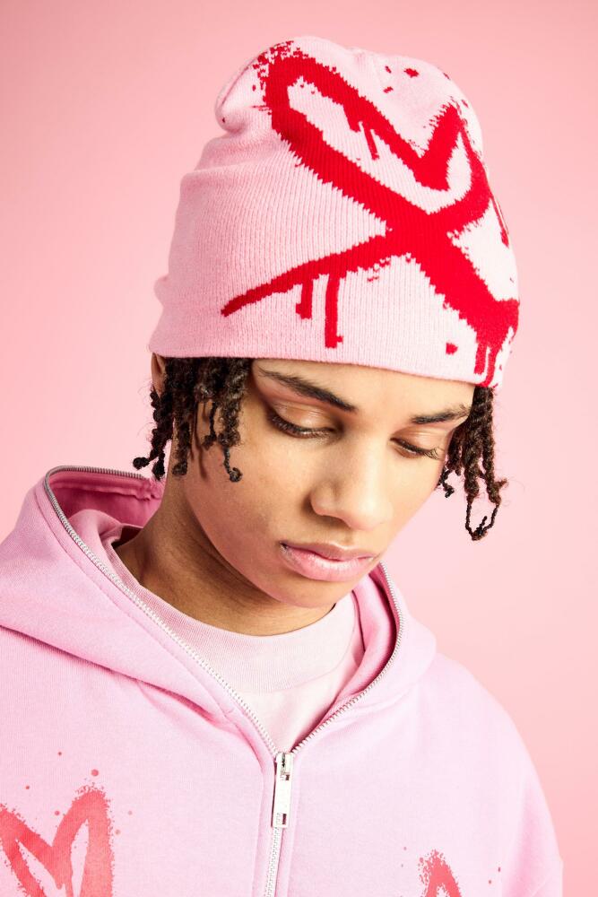 boohoo Mens Spray Heart Graphic Beanie - Pink Cover